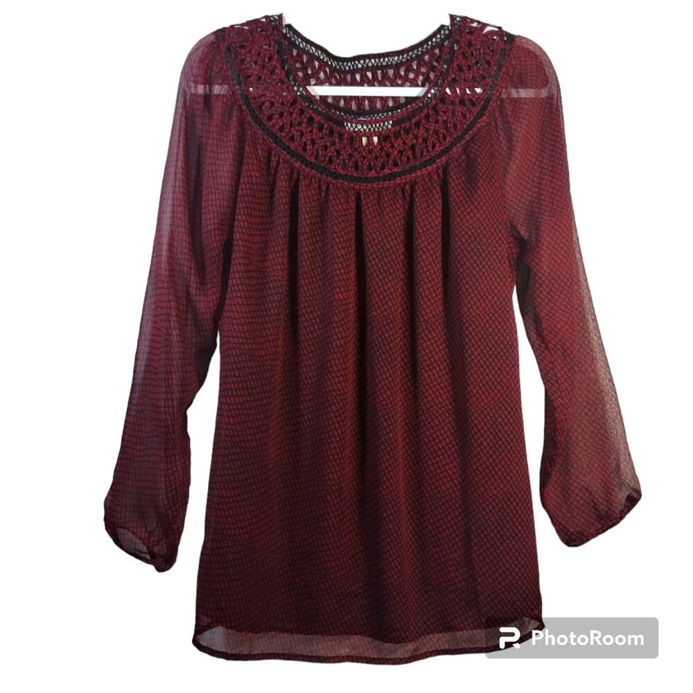 Coldwater Creek Red Black Print Woven Round Neck Sheer Long Sleeve Size M